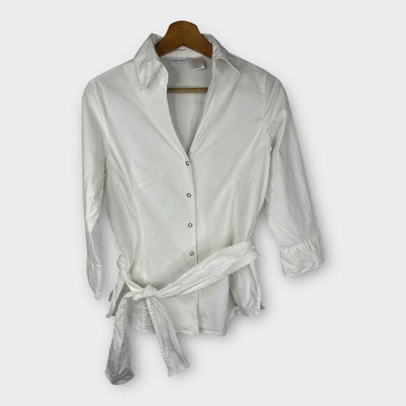 Harve Benard Womens size Small Button Collared Tie 3/4 Sleeve Blouse Top White - Picture 1 of 8